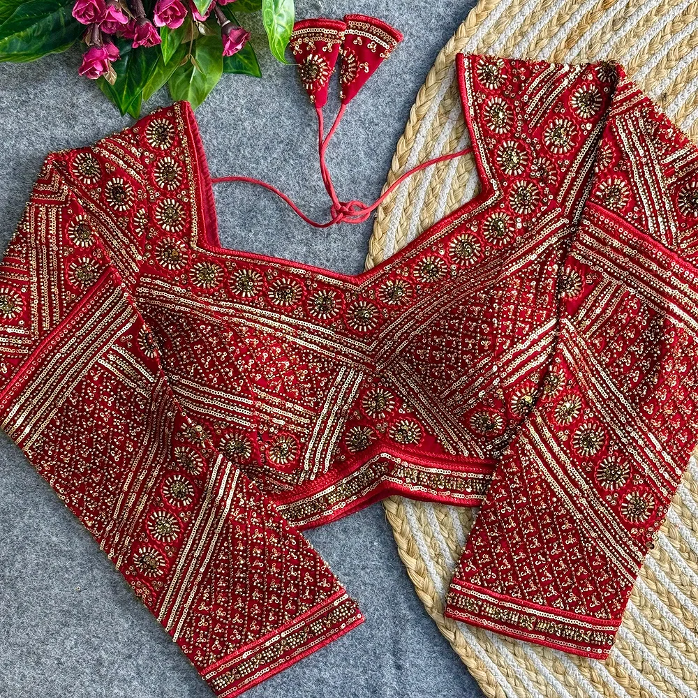 Red Color Heavy Beads Work Full Sleeve Georgette Blouse — view 1