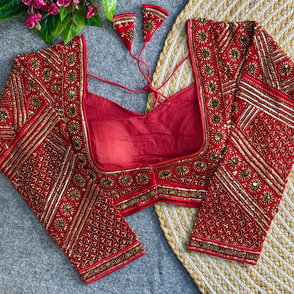 Red Color Heavy Beads Work Full Sleeve Georgette Blouse — view 2