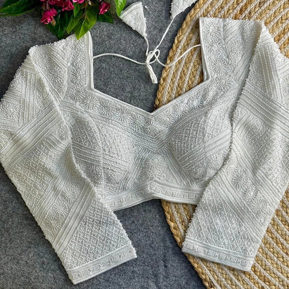 White Color Heavy Beads Work Full Sleeve Georgette Blouse — view 1