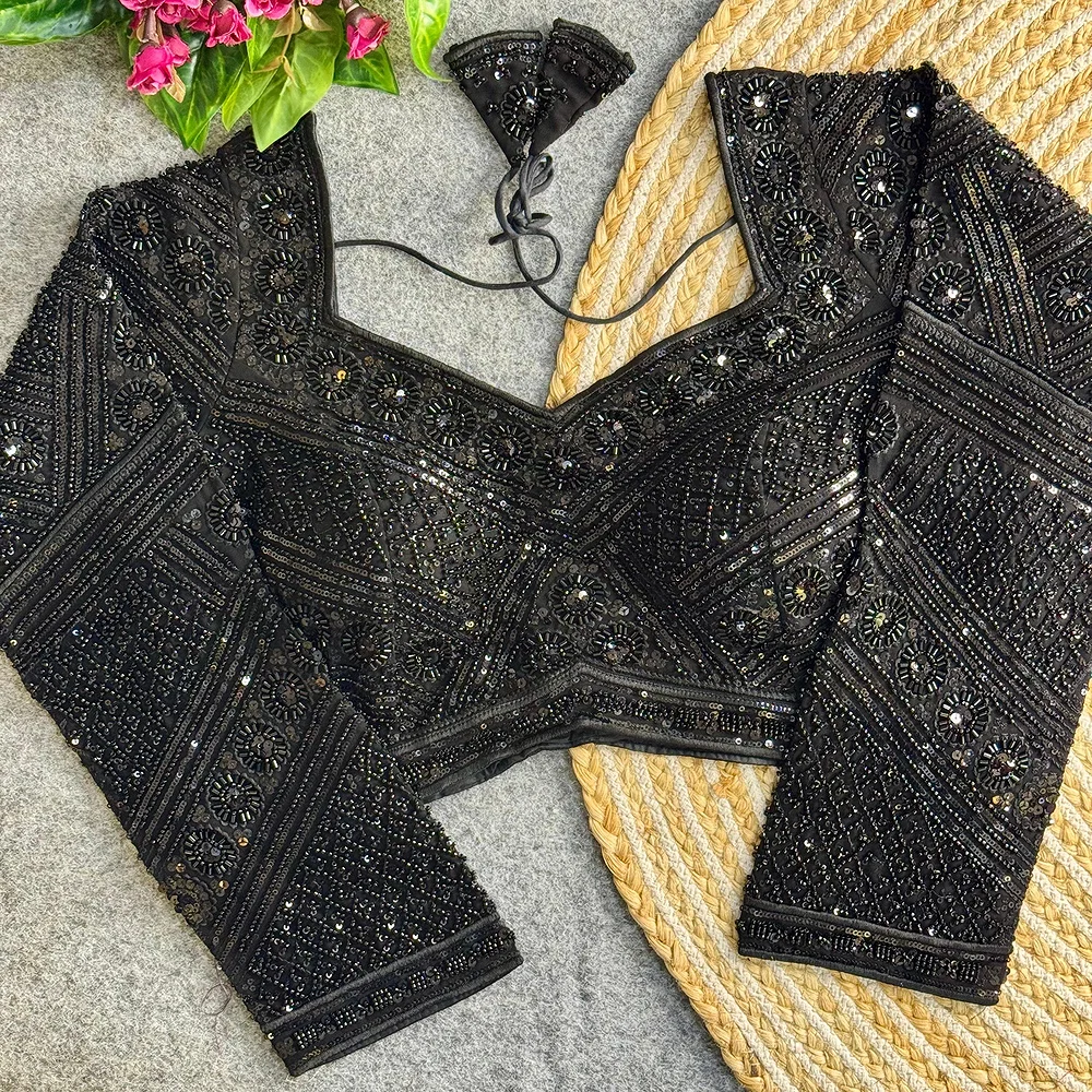 Black Color Heavy Beads Work Full Sleeve Georgette Blouse — view 1