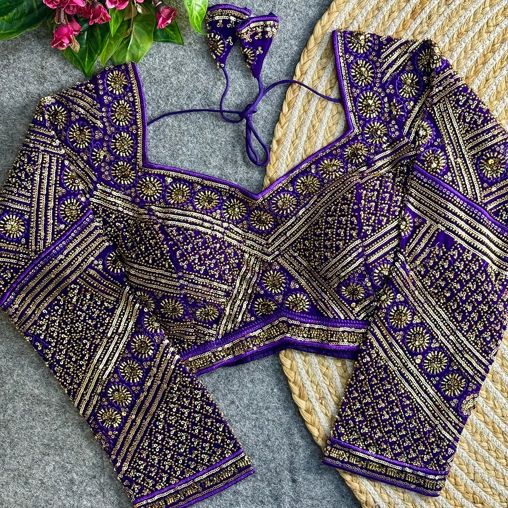 Purple Color Heavy Beads Work Full Sleeve Georgette Blouse — view 1