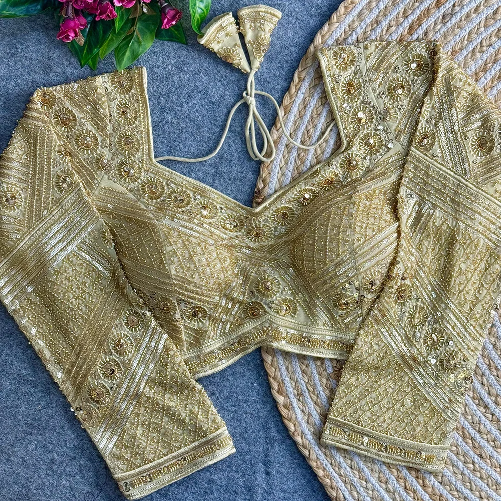Gold Color Heavy Beads Work Full Sleeve Georgette Blouse — view 1