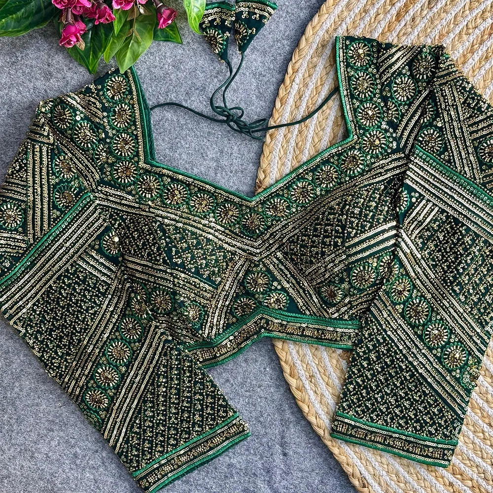 Green Color Heavy Beads Work Full Sleeve Georgette Blouse — view 1