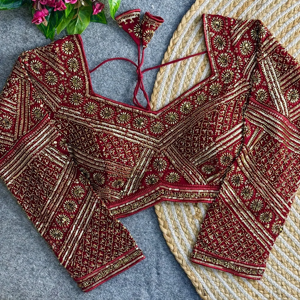 Maroon Color Heavy Beads Work Full Sleeve Georgette Blouse — view 1