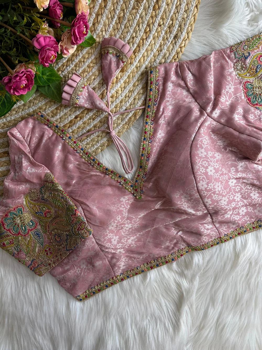 Pink Color V-Neck Heavy Embroidery Blouse — view 1