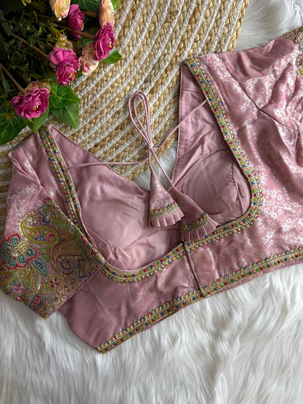 Pink Color V-Neck Heavy Embroidery Blouse — view 2