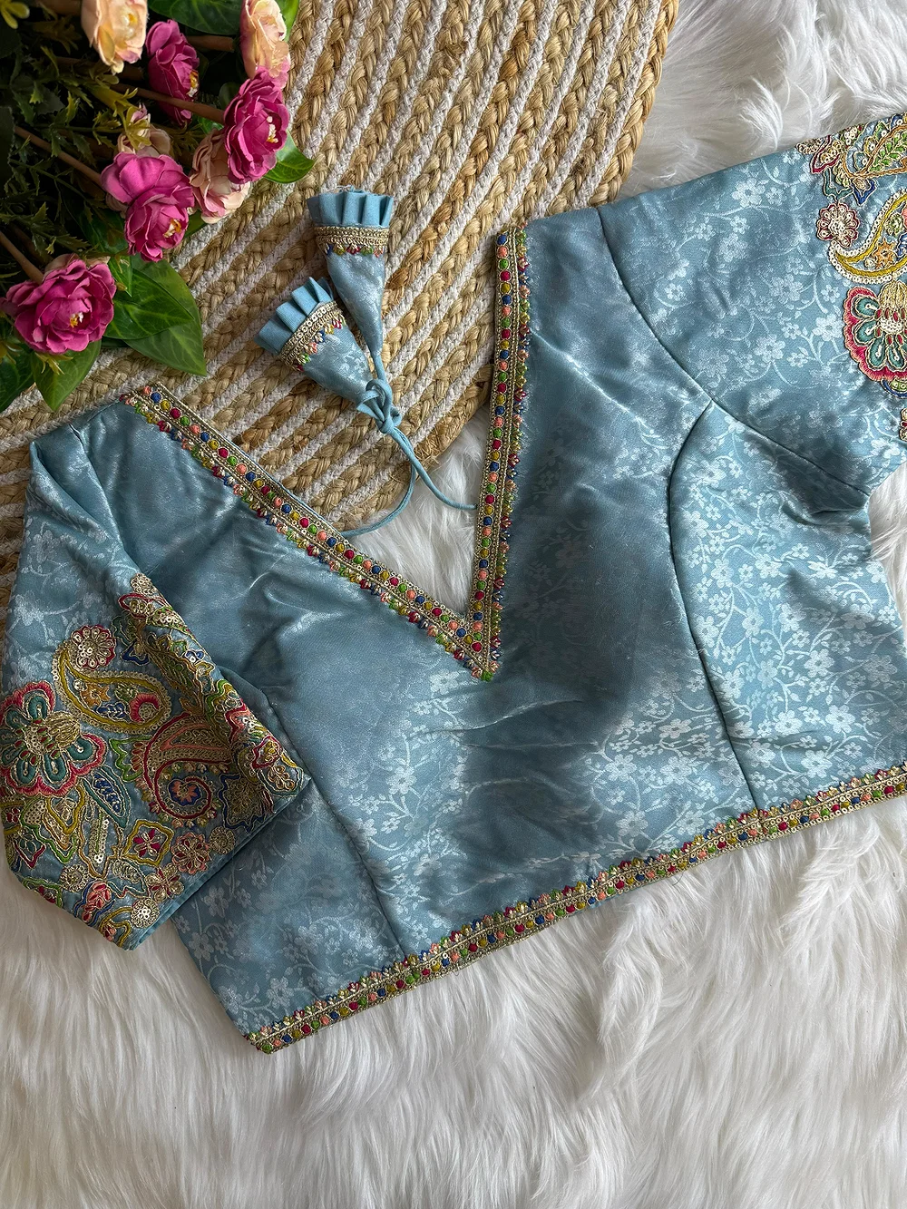 Light Blue Color V-Neck Heavy Embroidery Blouse — view 1