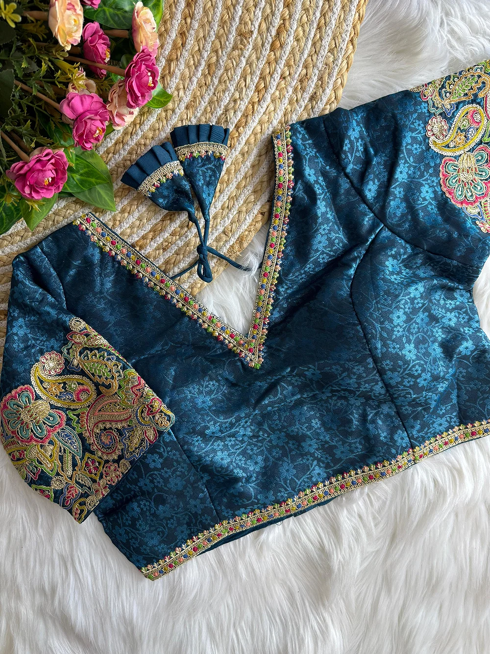 Blue Color V-Neck Heavy Embroidery Blouse — view 1