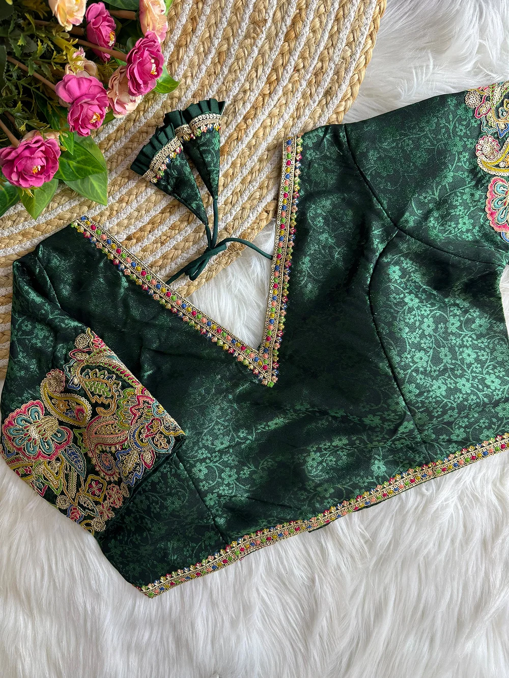 Bottle Green Color V-Neck Heavy Embroidery Blouse — view 1