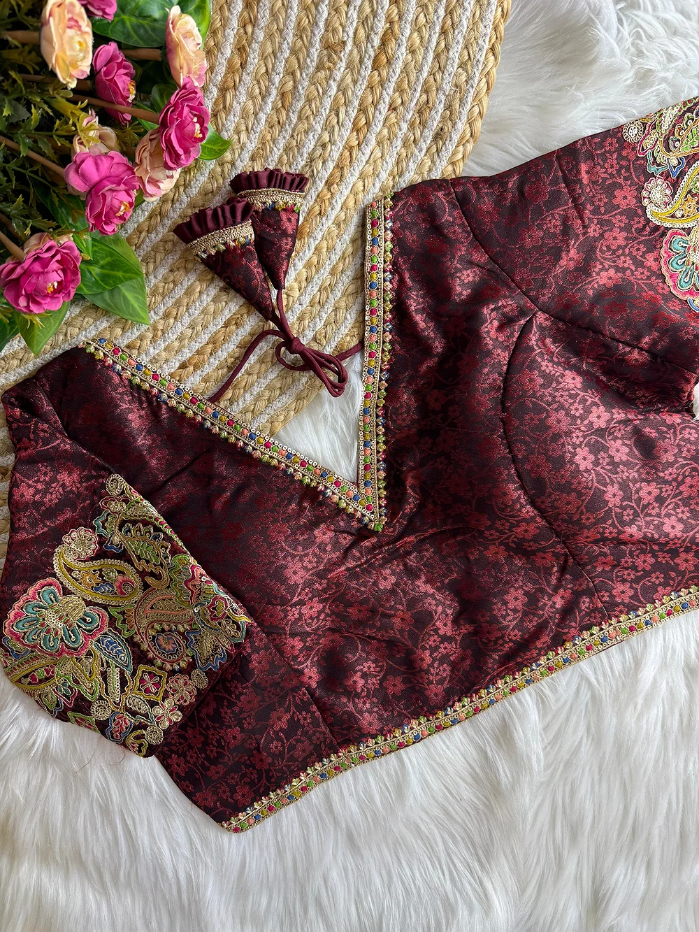 Maroon Color V-Neck Heavy Embroidery Blouse — view 1