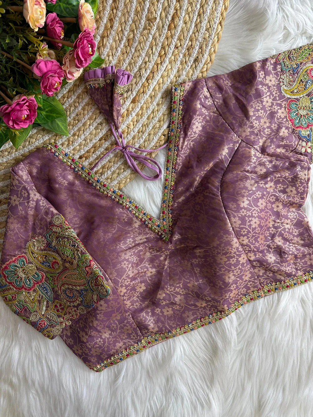 Onion Pink Color V-Neck Heavy Embroidery Blouse — view 1