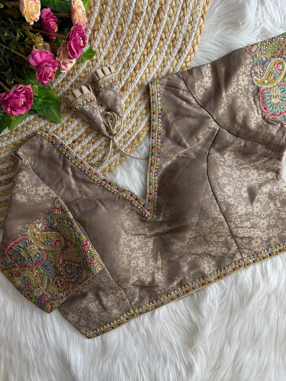 Bronze Color V-Neck Heavy Embroidery Blouse — view 1