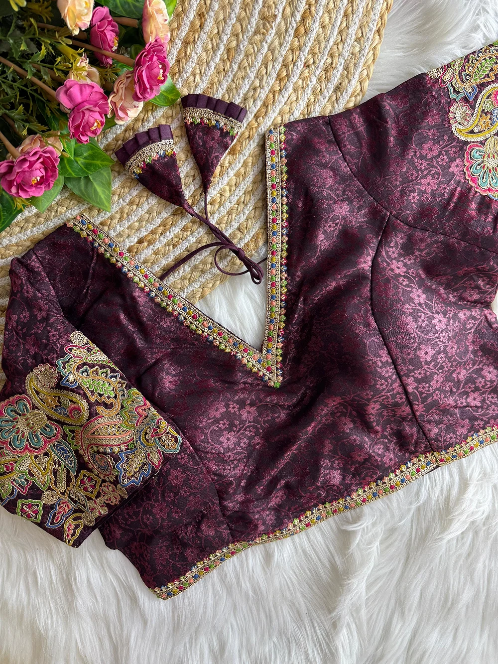 Wine Color V-Neck Heavy Embroidery Blouse — view 1