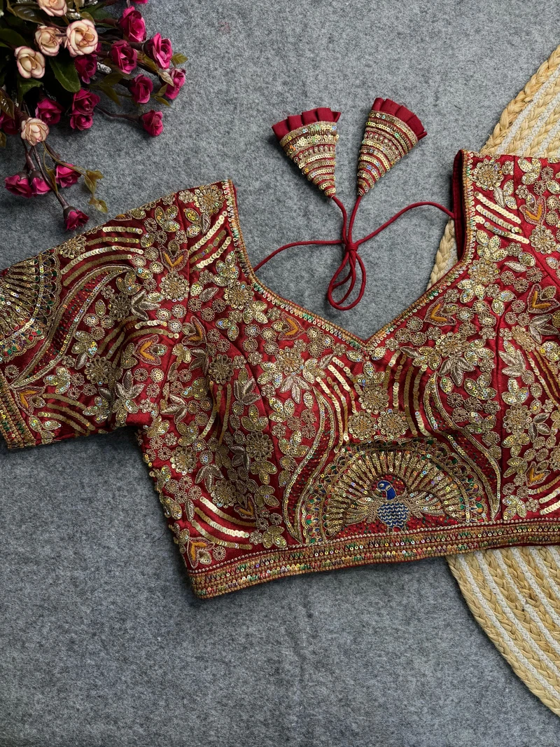 Maroon Italian Silk Codding Sequence Peacock Work Bridal Blouse