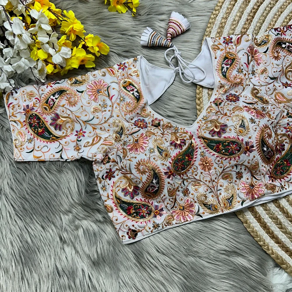 White Colour Kashmiri Style Georgette Blouse — view 1