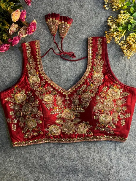 Maroon Beads Work Bridal Blouse