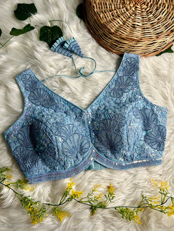 Blue Colour Designer Partywear Net Blouse