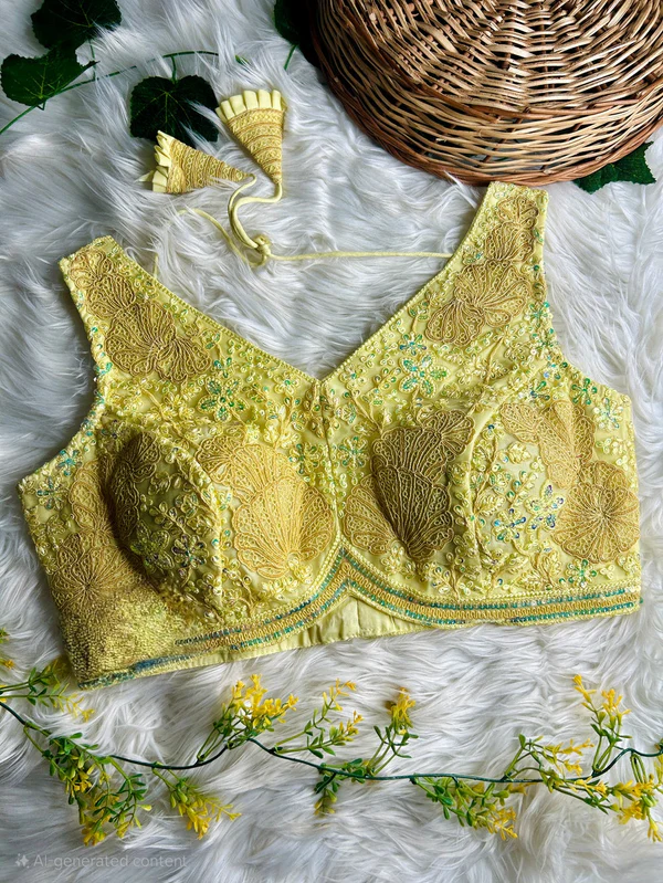 Yellow Colour Designer Partywear Net Blouse