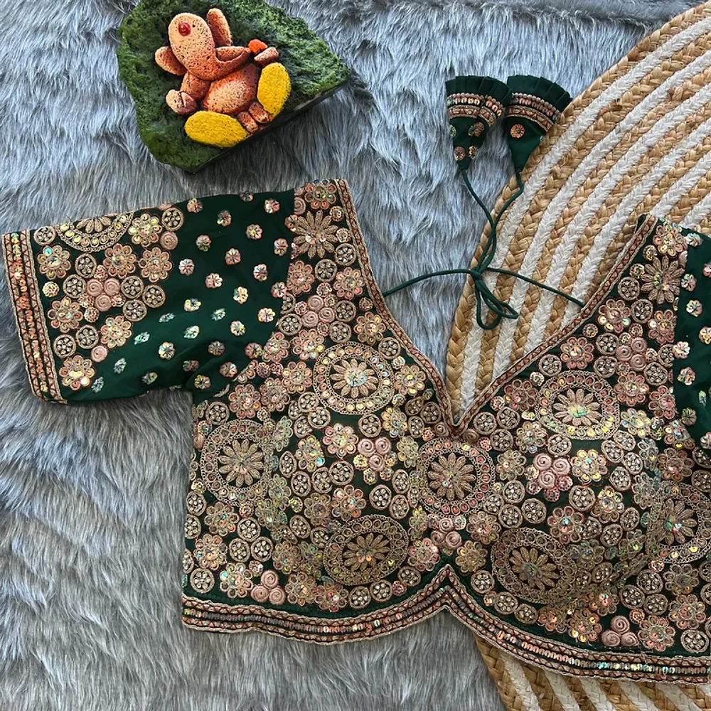 Bottle Green Colour Georgette Embroidered Wedding Blouse — view 1