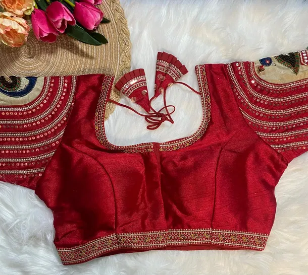 Red Color 3D Peacock Italian Silk Blouse