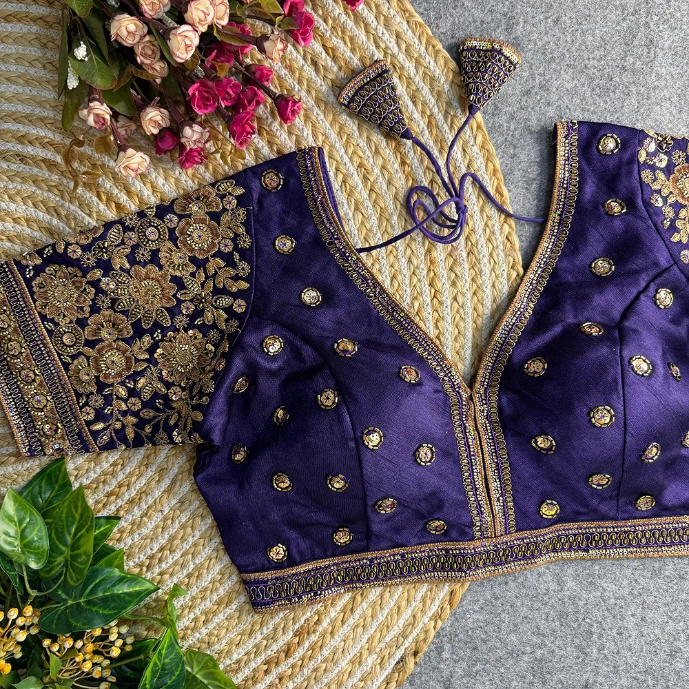 Purple Colour V-Neck Bridal Blouse  — view 1