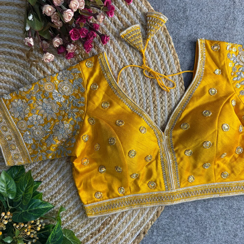 Yellow Colour V-Neck Bridal Blouse  — view 1