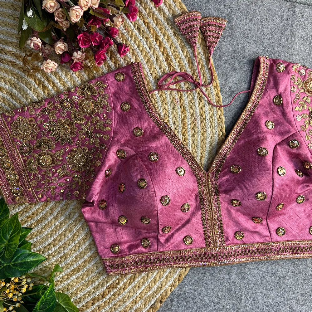 Pink Colour V-Neck Bridal Blouse  — view 1