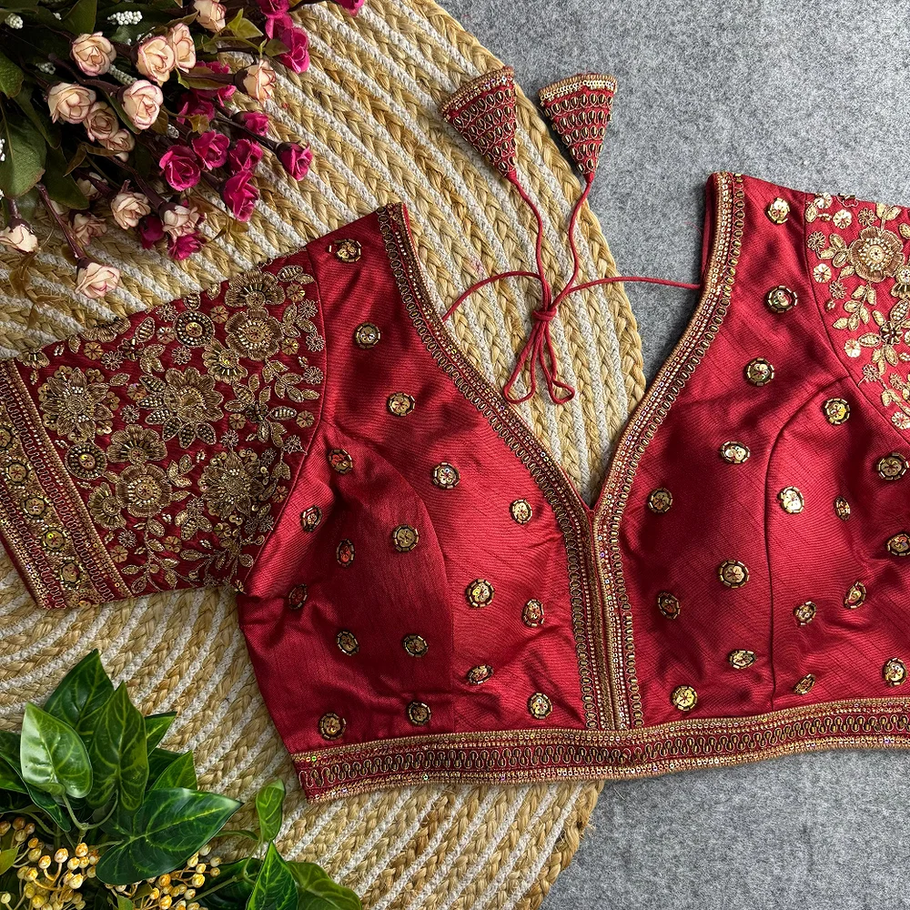 Maroon Colour V-Neck Bridal Blouse  — view 1