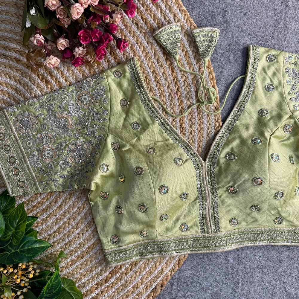 Pista Green Colour V-Neck Bridal Blouse  — view 1