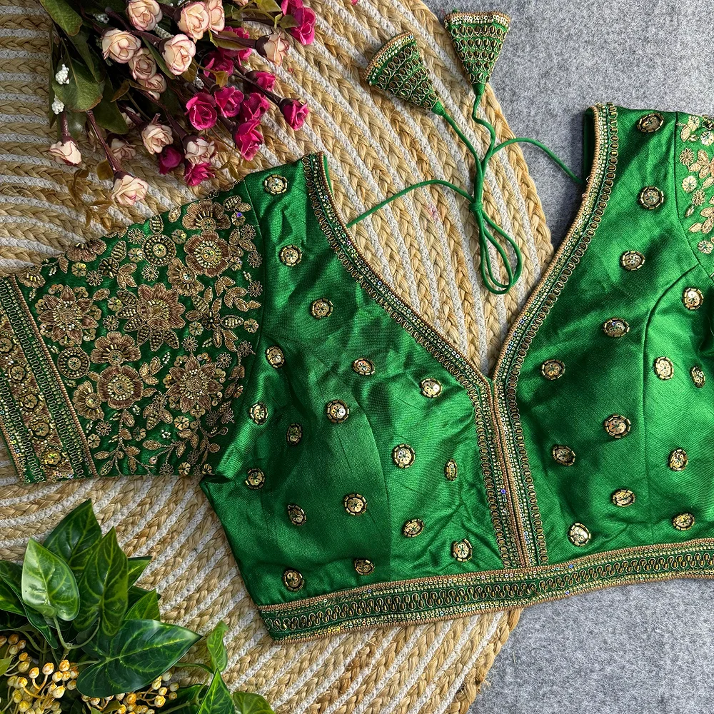 Green Colour V-Neck Bridal Blouse  — view 1