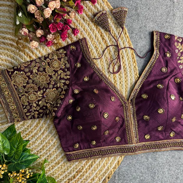 Wine Colour V-Neck Bridal Blouse 