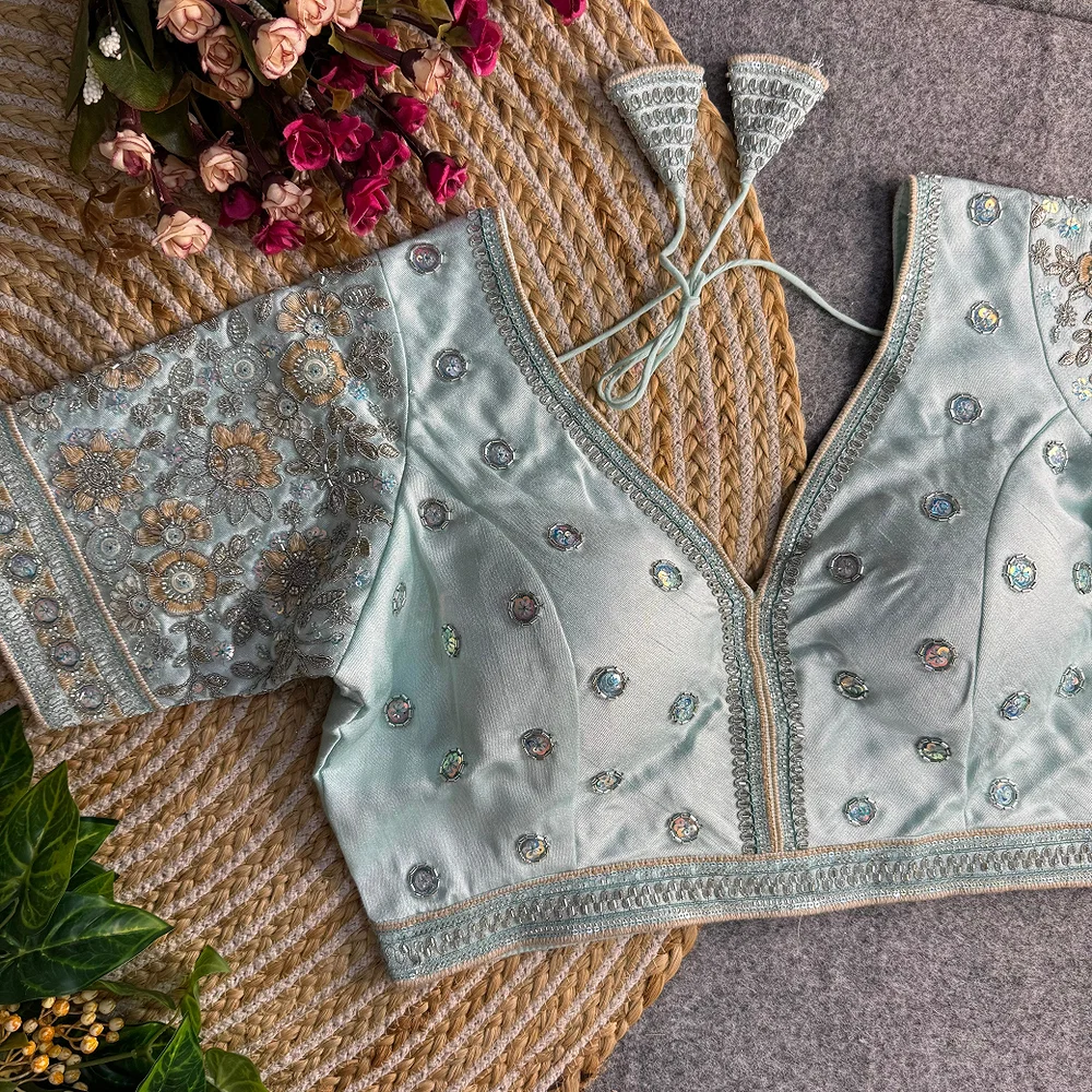 Sky Blue Colour V-Neck Bridal Blouse  — view 1