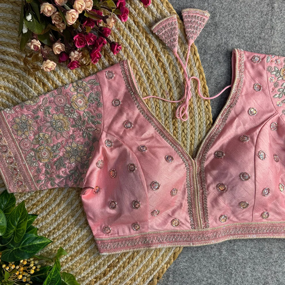 Baby Pink Colour V-Neck Bridal Blouse  — view 1