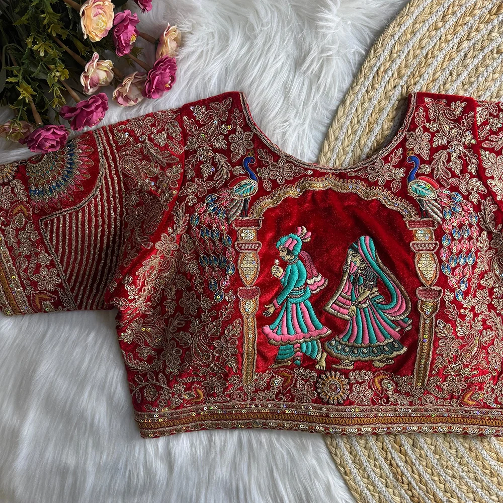 Royal Red Velvet Diamond Handwork Bridal Blouse — view 1