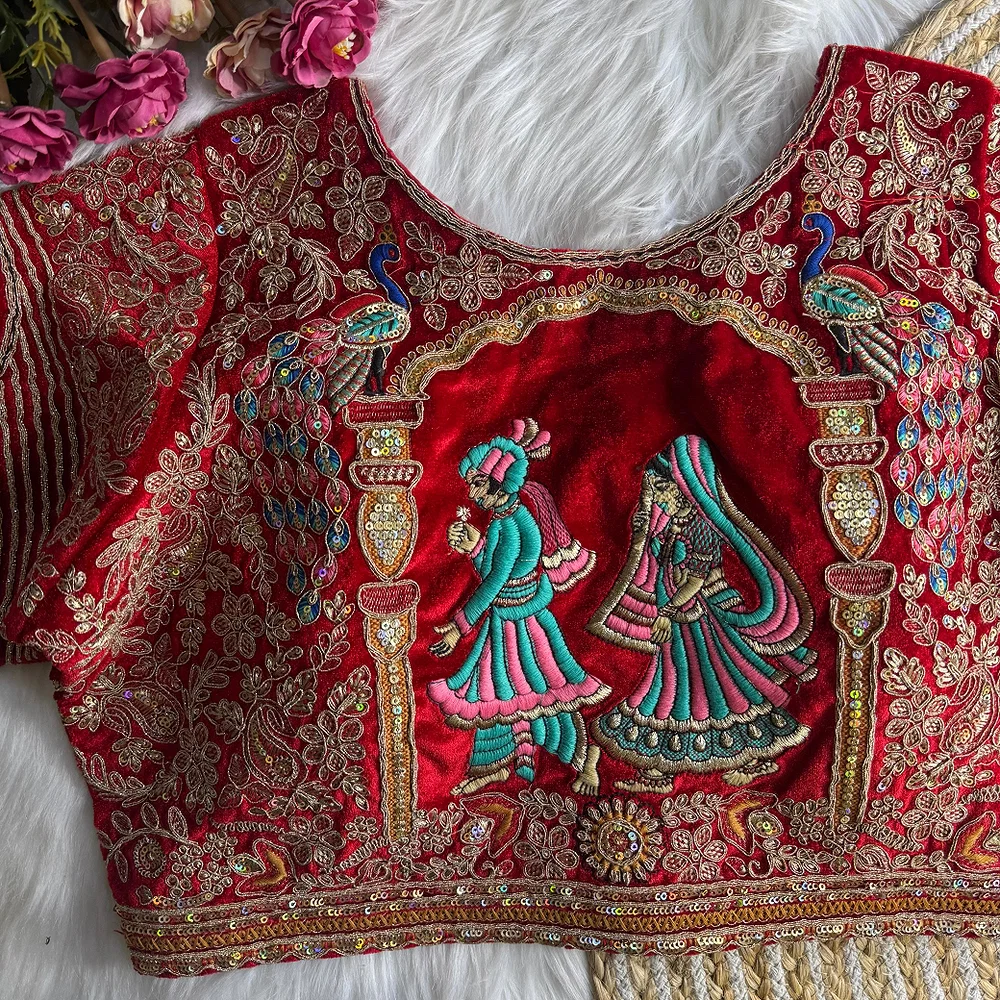 Royal Red Velvet Diamond Handwork Bridal Blouse — view 4