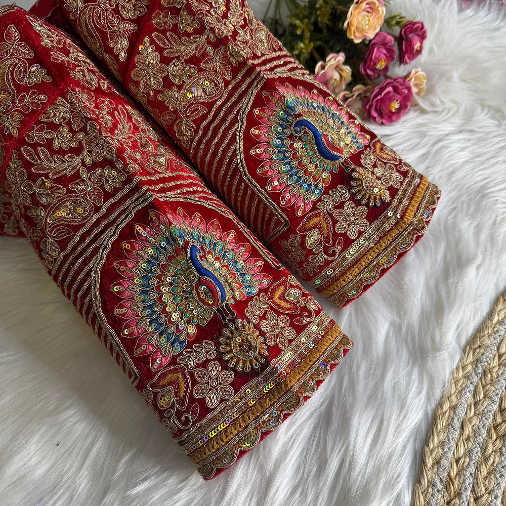 Royal Red Velvet Diamond Handwork Bridal Blouse — view 3