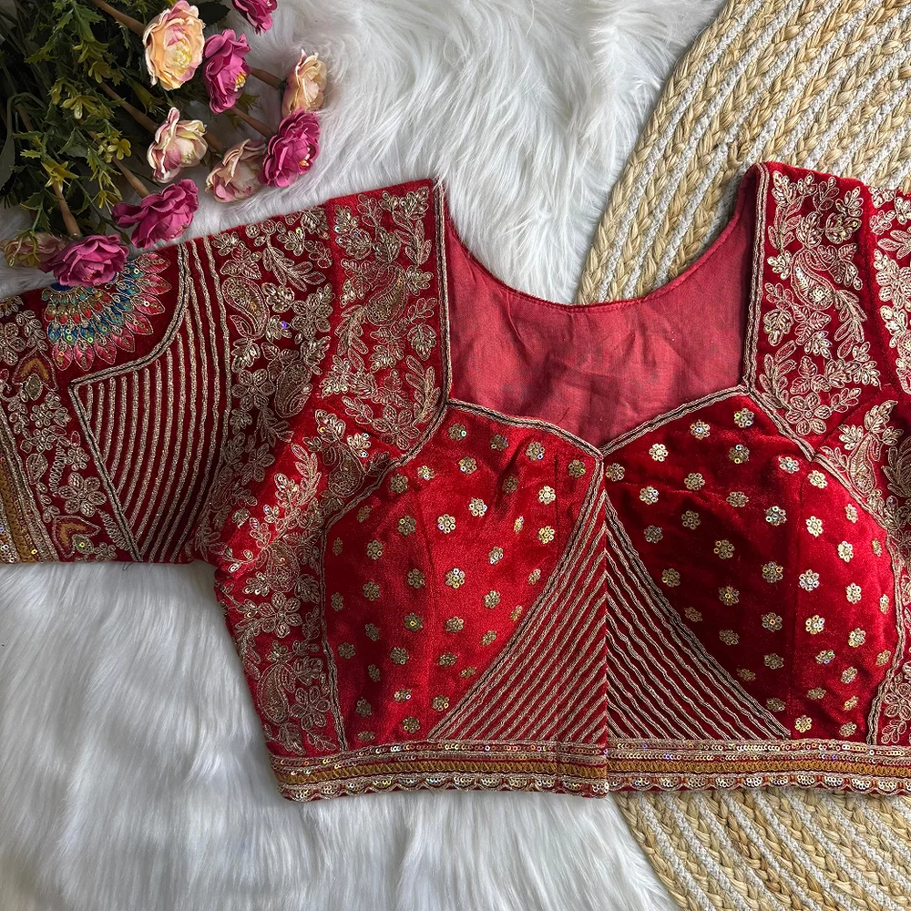Royal Red Velvet Diamond Handwork Bridal Blouse — view 2