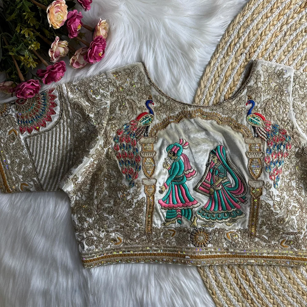 White Velvet Embroidery and Diamond Handwork Bridal Blouse — view 1