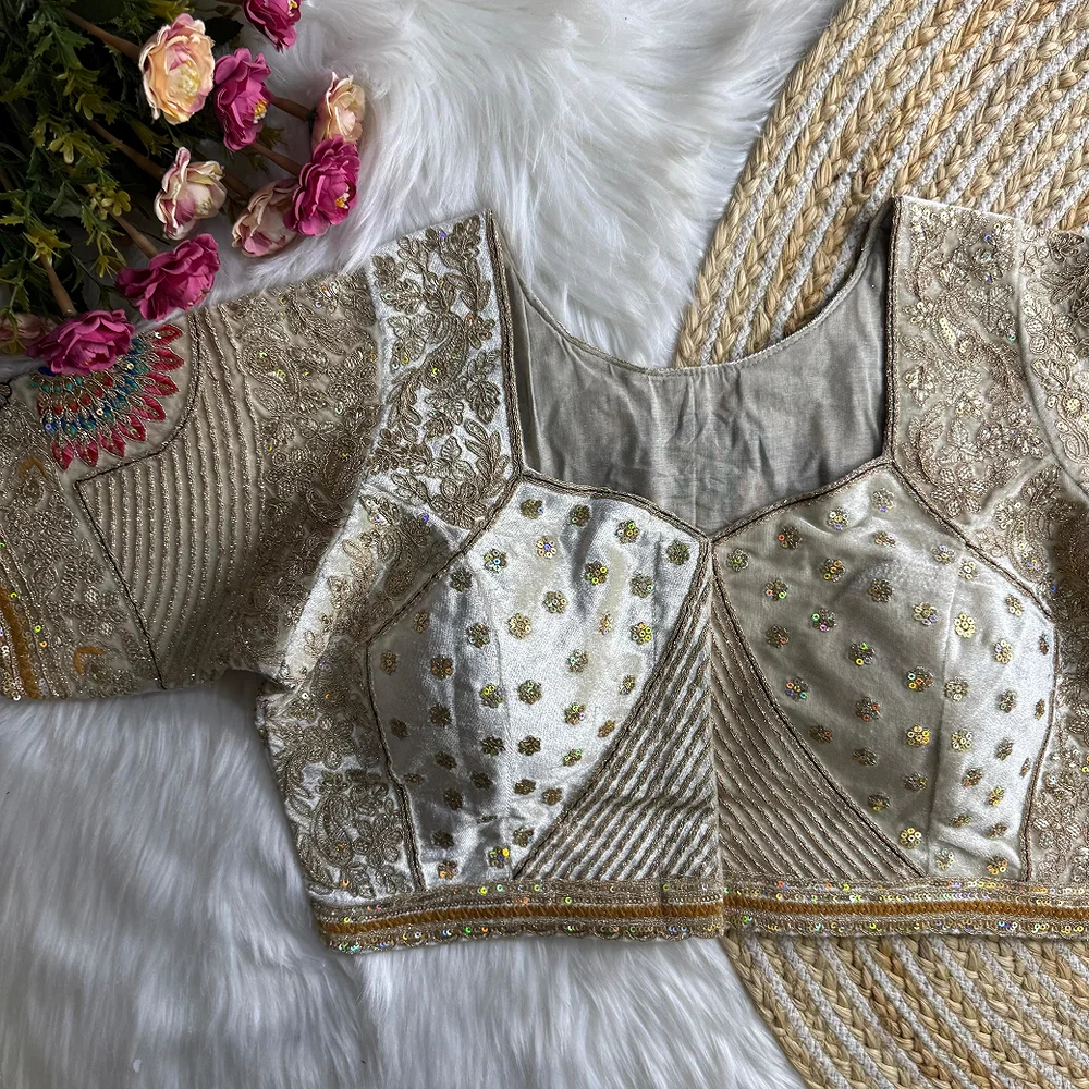 White Velvet Embroidery and Diamond Handwork Bridal Blouse — view 3