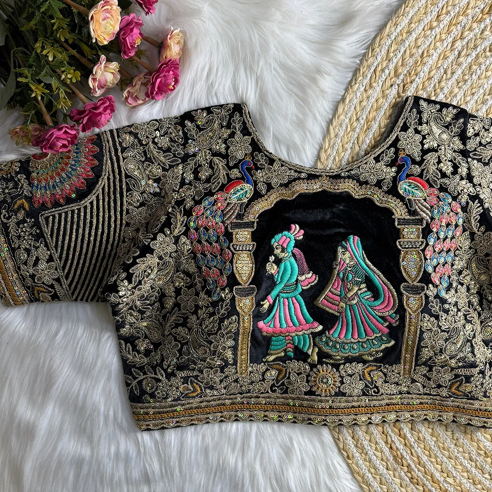 Black Velvet Embroidery and Diamond Handwork Bridal Blouse — view 1