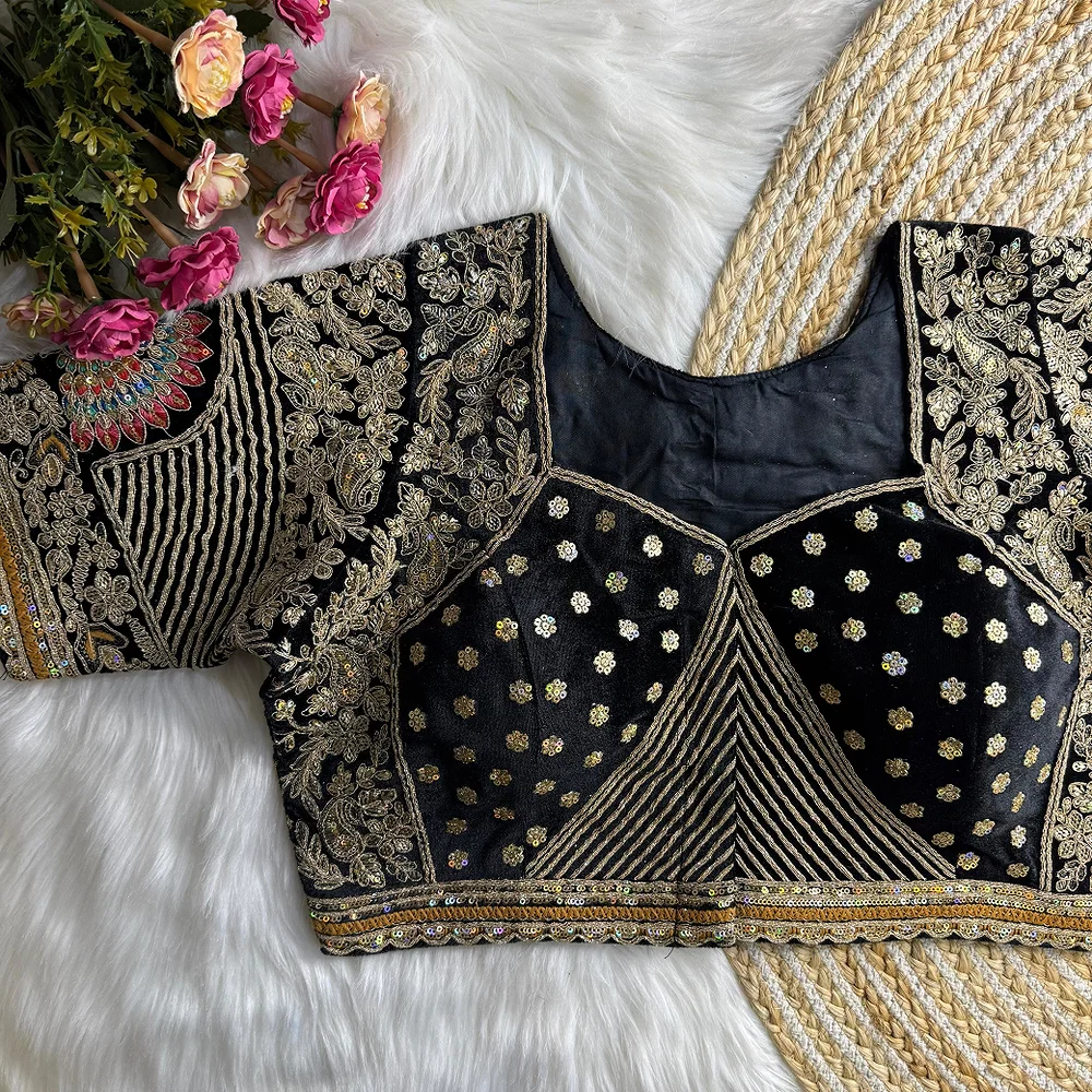 Black Velvet Embroidery and Diamond Handwork Bridal Blouse — view 2
