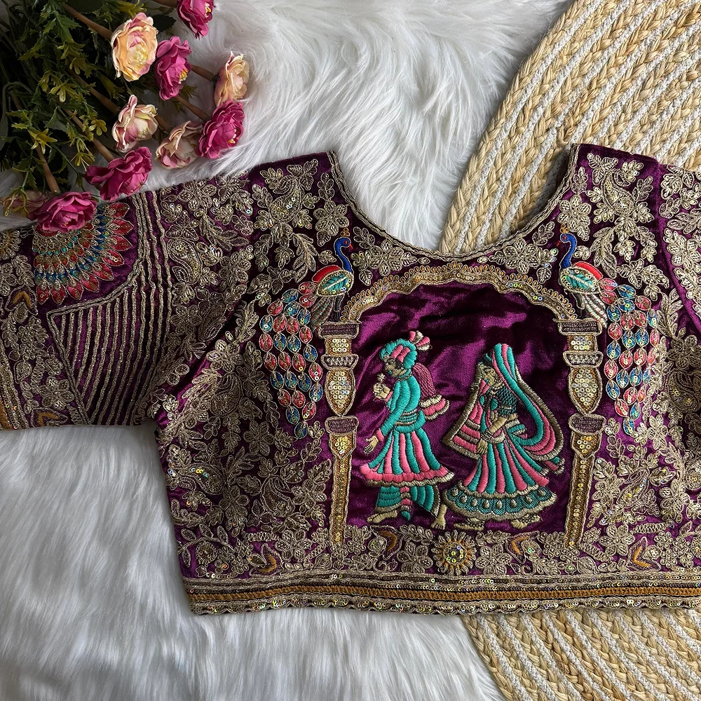 Wine Velvet Embroidery and Diamond Handwork Bridal Blouse — view 1