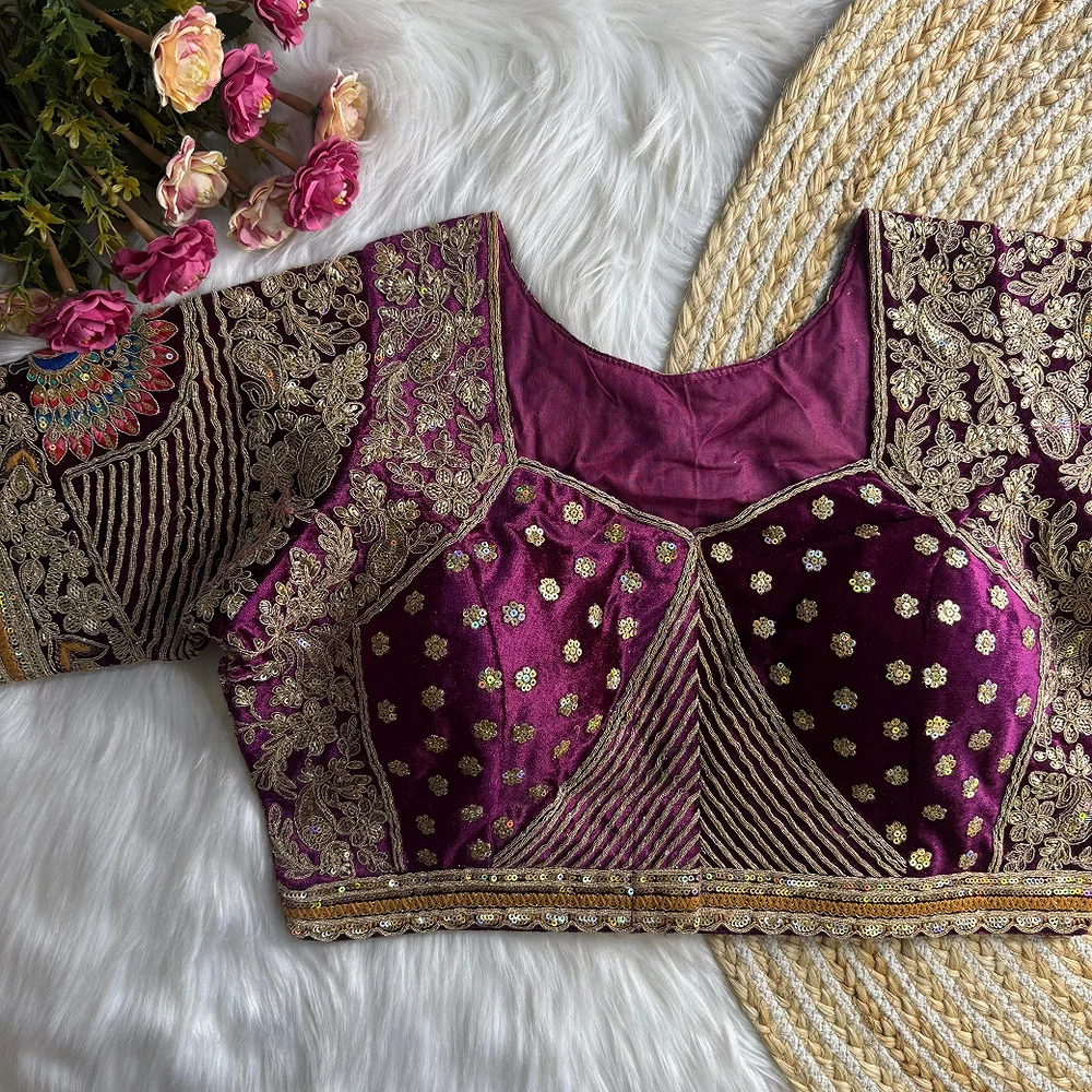 Wine Velvet Embroidery and Diamond Handwork Bridal Blouse — view 2