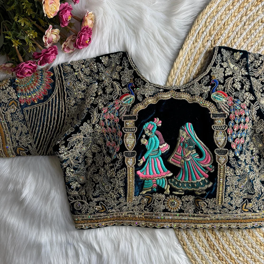 Royal Blue Velvet Embroidery and Diamond Handwork Bridal Blouse — view 1