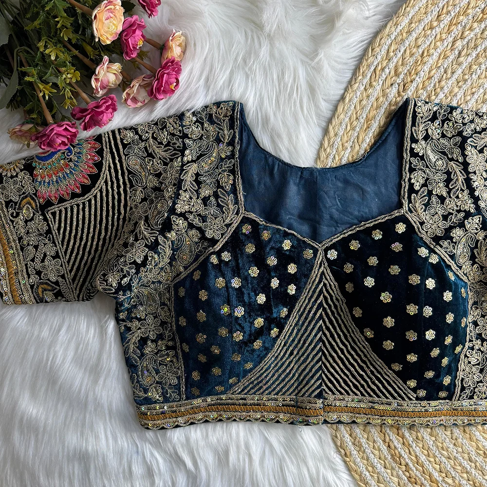 Royal Blue Velvet Embroidery and Diamond Handwork Bridal Blouse — view 2