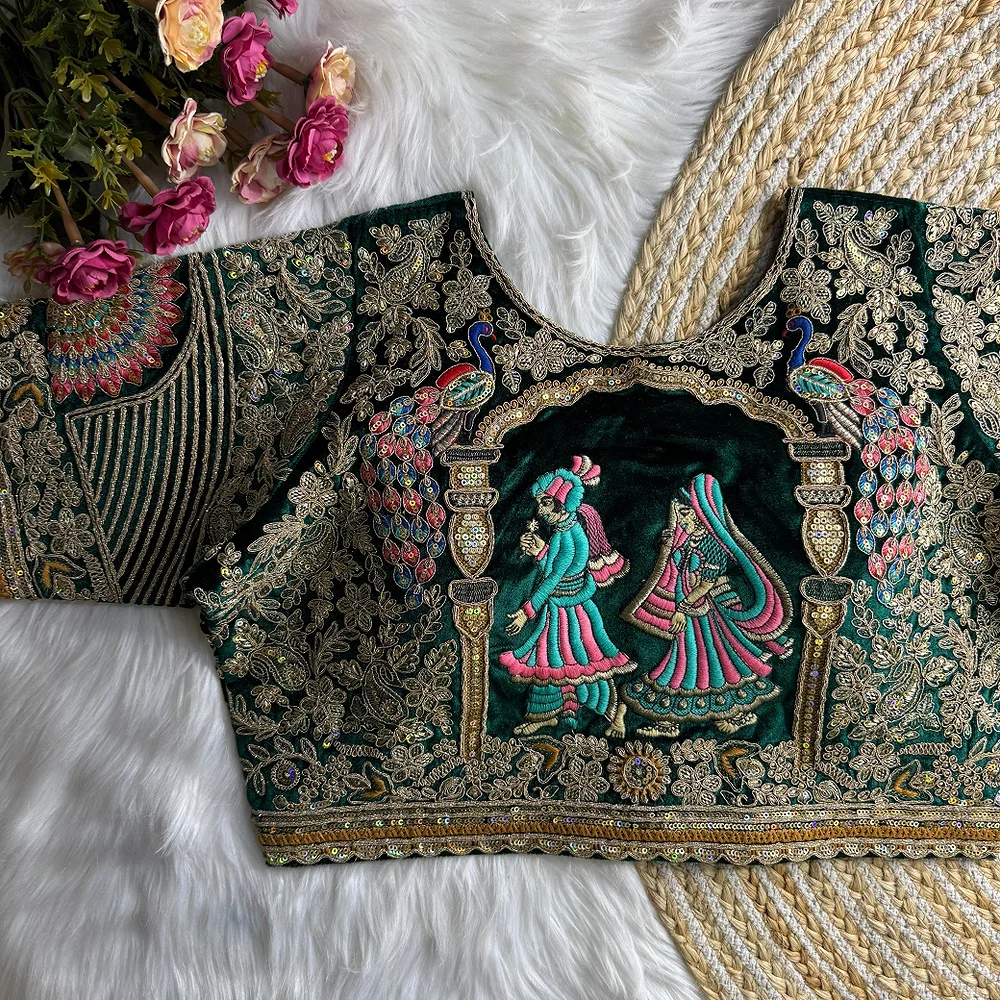 Royal Green Velvet Embroidery and Diamond Handwork Bridal Blouse — view 1
