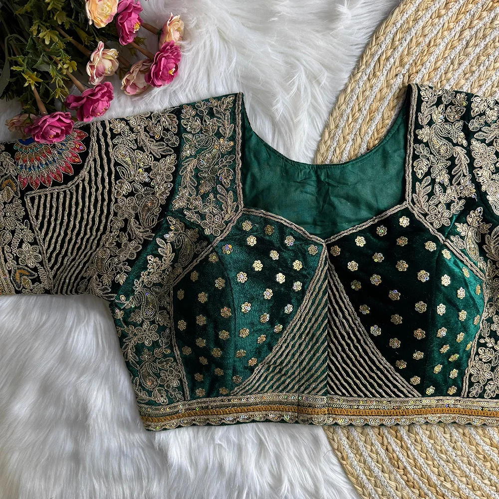 Royal Green Velvet Embroidery and Diamond Handwork Bridal Blouse — view 2