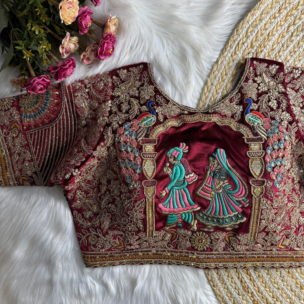 Maroon Velvet Embroidery and Diamond Handwork Bridal Blouse — view 1