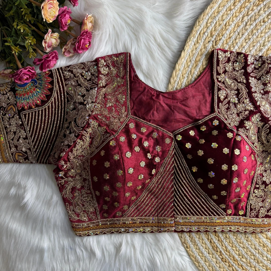 Maroon Velvet Embroidery and Diamond Handwork Bridal Blouse