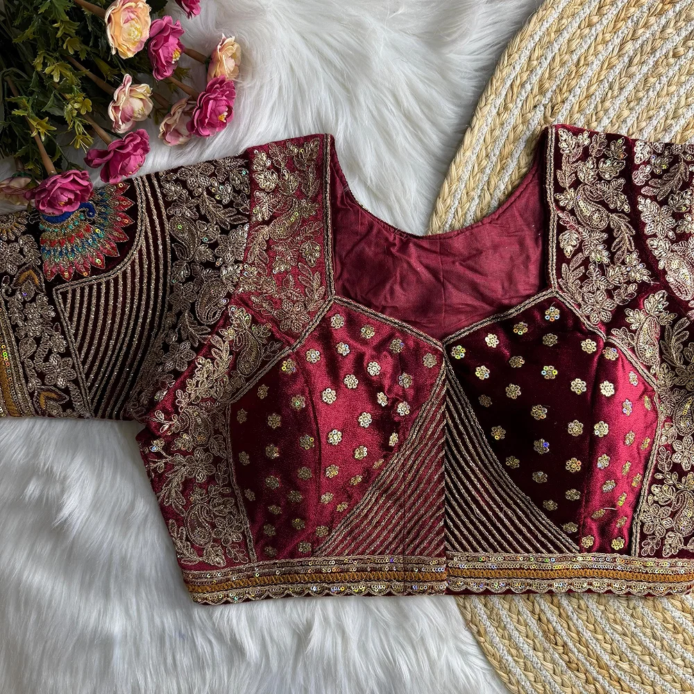 Maroon Velvet Embroidery and Diamond Handwork Bridal Blouse — view 2